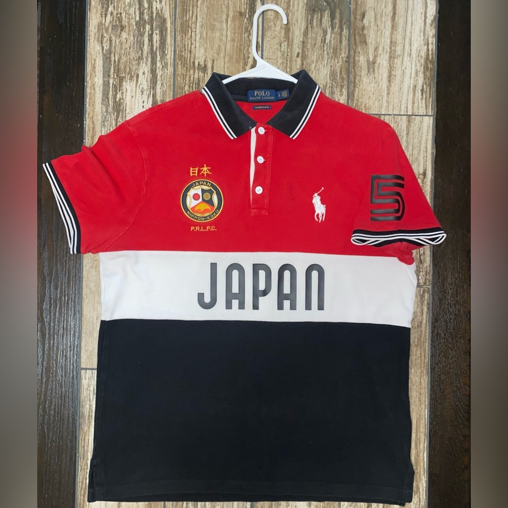 Ralph Lauren Polo Shirt Mens Large JAPAN Spell Out Colorblock PRLFC Rugby Flaws